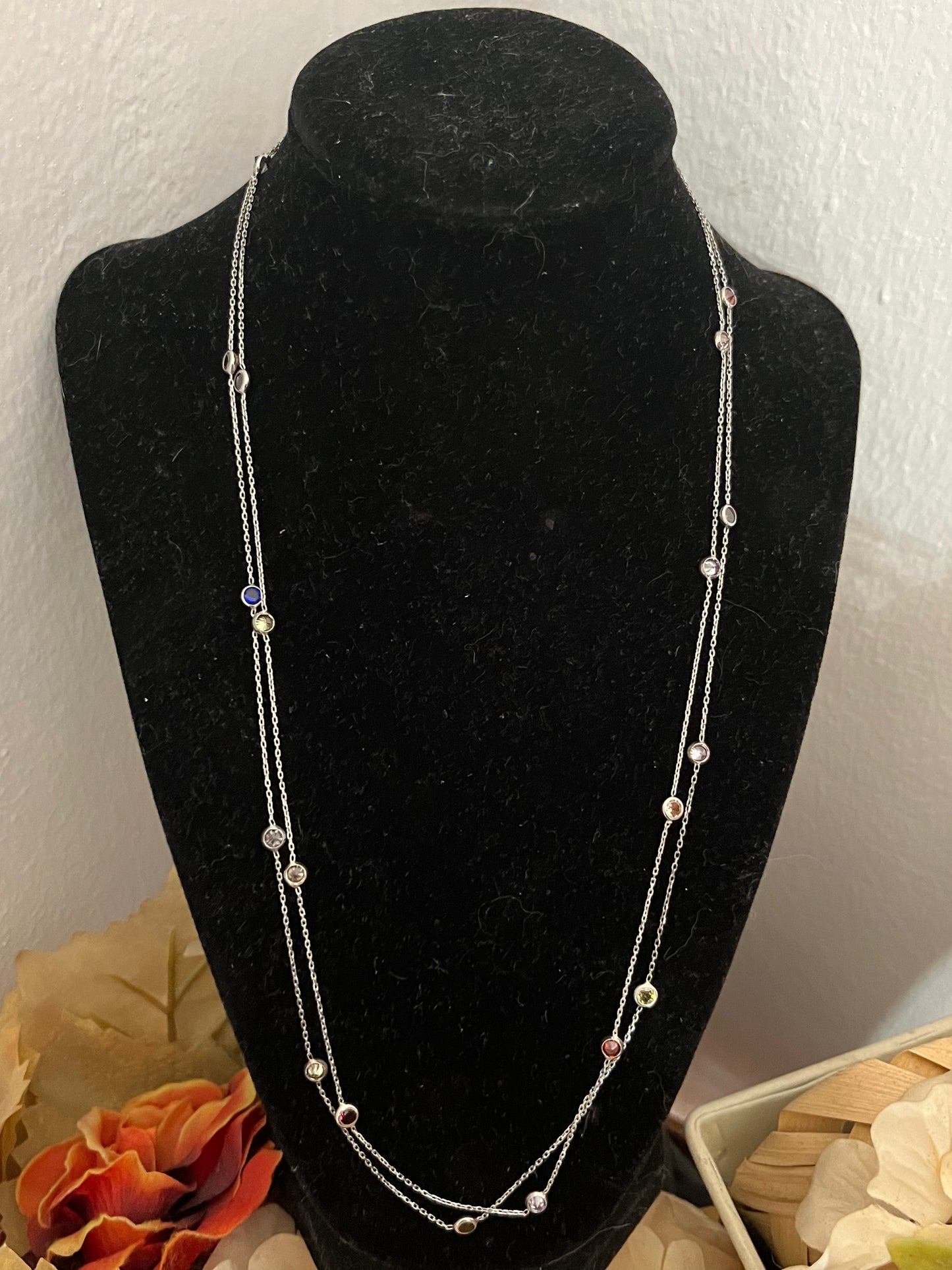 Extra long 110cm chain with colour cubic zirconia stones